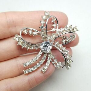 Vintage Silver Tone Rhinestone Brooch, Retro Abstract Design Lapel Pin, Estate